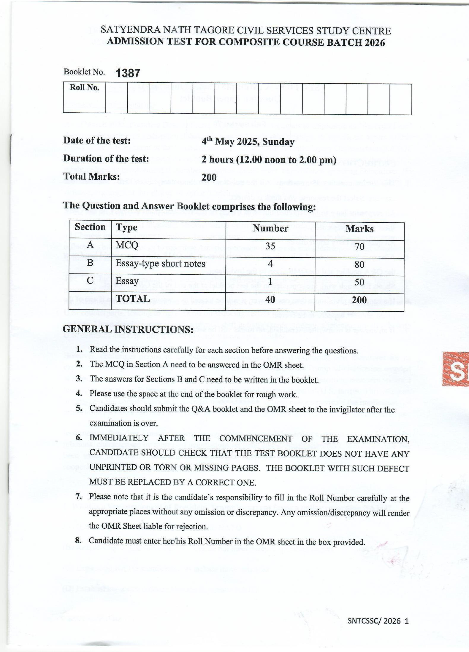 SNTCSSC Admission Test 2026 Batch